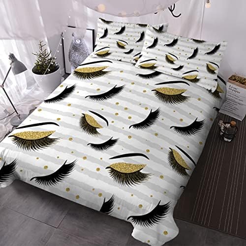 Eyelash Bedding Gold and Black Cute Eyes Pattern Quilt Cover Set 3