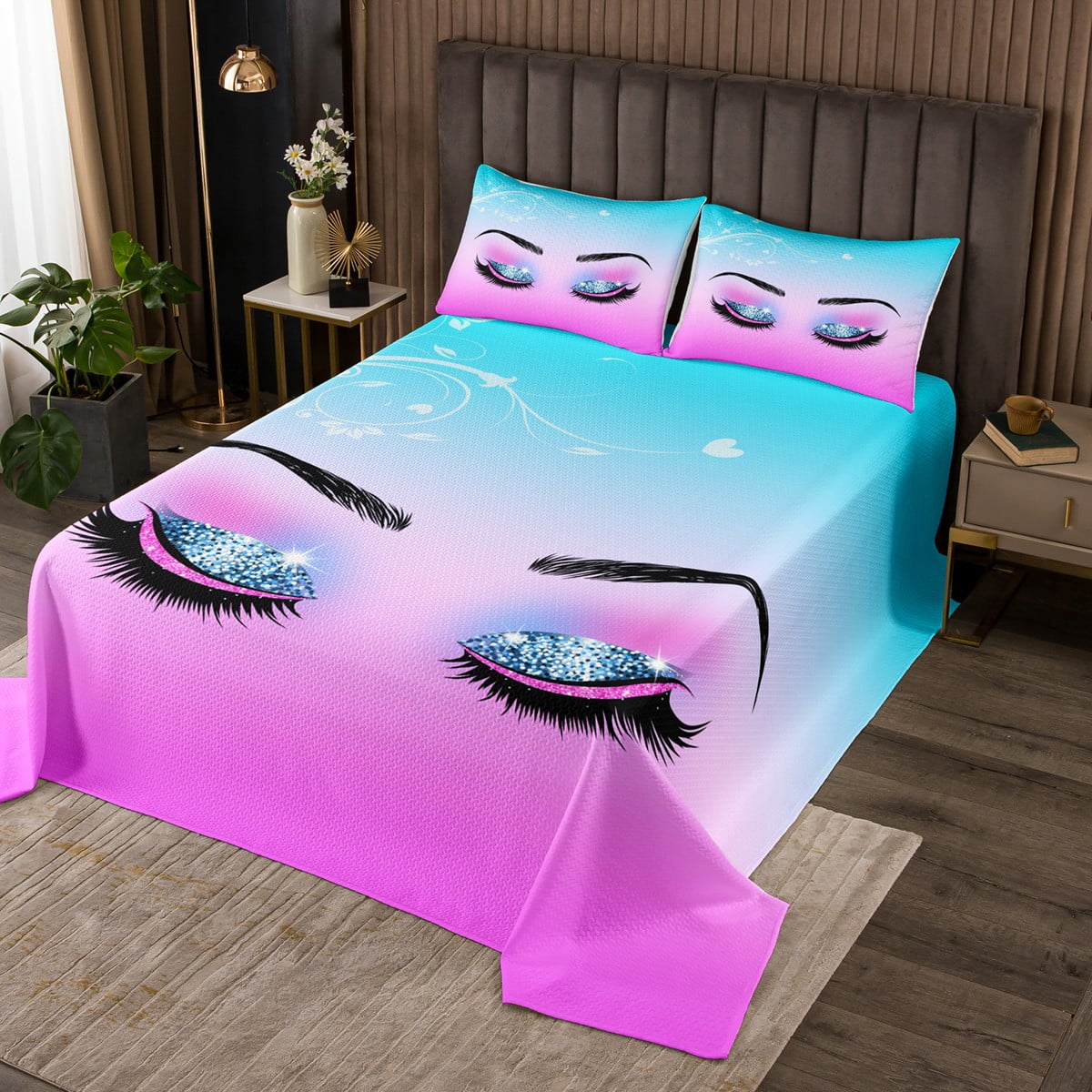Eyelash Bedspread Set Queen for Girls Women Glitter Sparkle Eyelashes