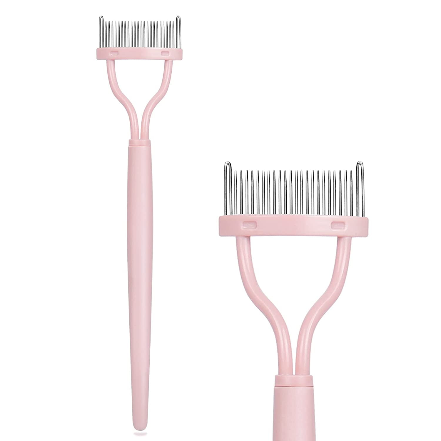 Eyelash Comb, Arc Designed Eyelash Separator Mascara Applicator Eyebrow Brush Metal Teeth Eye Lash Tool with Comb Cover,Baby Pink