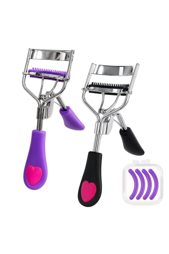 Eyelash Curler with Comb, Stainless Steel Lash Curler with Silicone Replacement Pads, Ergonomic Handle Makeup Tool for Lifted Lashes,2pack  Purple/Black