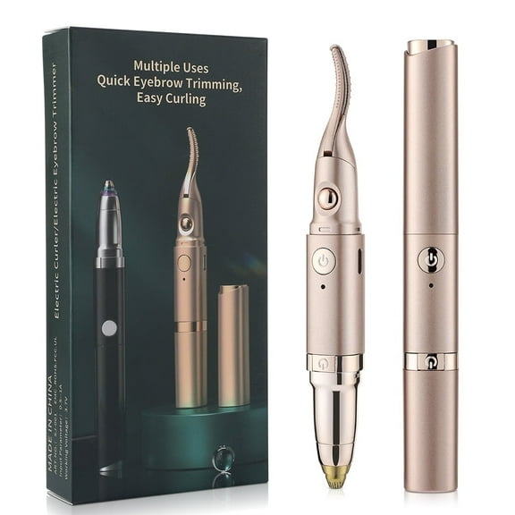Eyelash Curler & Eyebrow Trimmer 2 in 1, Electric Lash Curler with 2 Temp Settings, Fast Heating, LED Light, Brow Shaper for Precise Shaping & Natural Curl, Gold