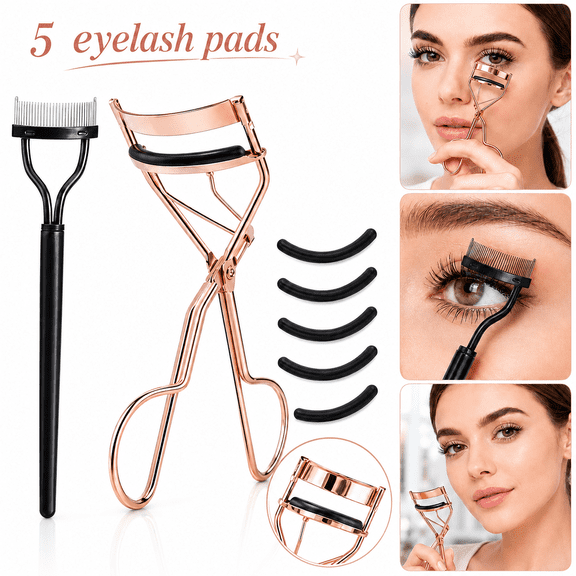 Eyelash Curler Kit Metal Lash Curlers with Mascara Applicator Eyelashes Volumizing Lash Separator Comb & 5 Replacement Refill Pads for Home & Travel Uses (Rose Gold)