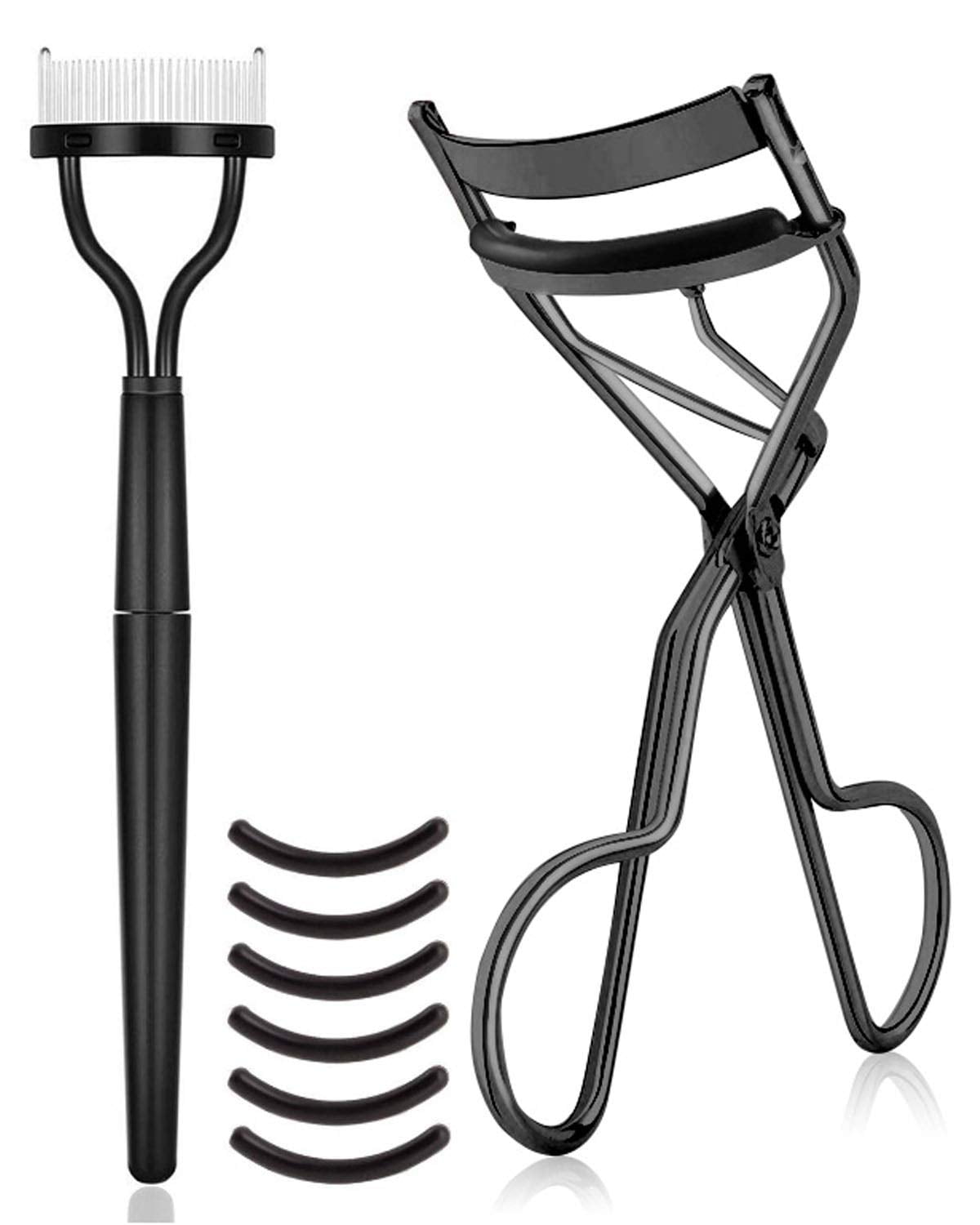 Eyelash Curler Kit Metal Lash Curlers with Eyelashes Separator Comb Tools \u0026 6 Replacement Refill Pads (Black)