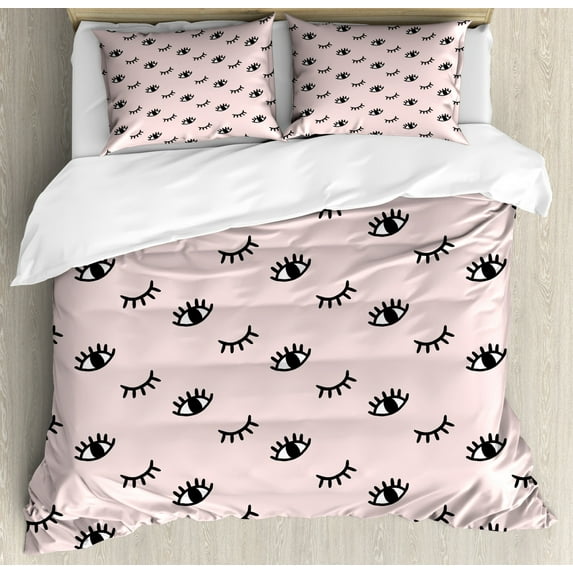 Eyelash Duvet Cover Set Queen Size, Doodle Style Open and Closed Eyes Hand Drawn Sketch Abstract Cute Kids Design, Decorative 3 Piece Bedding Set with 2 Pillow Shams, Rose Black White, by Ambesonne