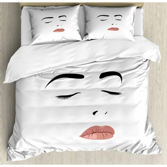 Eyelash Duvet Cover Set Queen Size, Youth and Beauty Theme Abstract Attractive Woman Portrait with Closed Eyes, Decorative 3 Piece Bedding Set with 2 Pillow Shams, Black White Blush, by Ambesonne