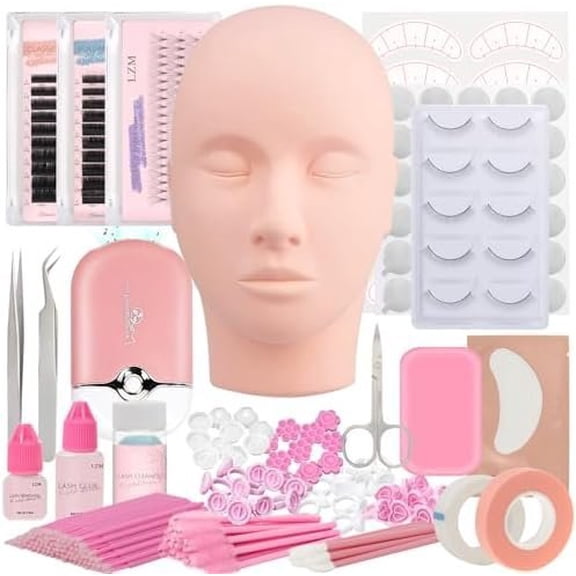 Eyelash Extension Kit for Beginners, Lash Extension Supplies Tech Starter Kit with Everything Tools Stuff Set 1-2S Srtong Hold Glue,Lash Mannequin , Remover, Precision Tweezers for Practice