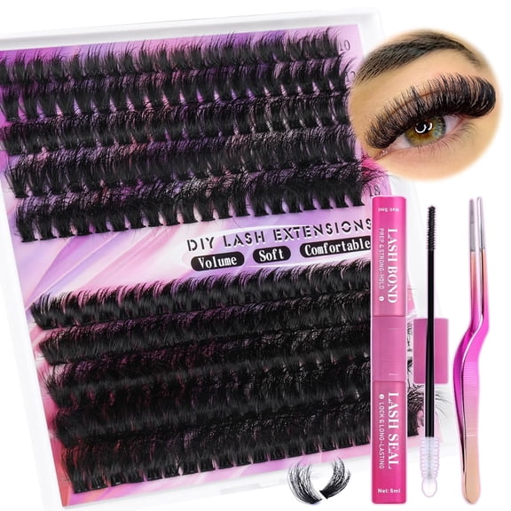 Eyelash Extension Kit Thick Lash Extension Kit D Curvature Lash Clusters Kit Volume Individual Lashes 200 Pcs DIY Lash Extension Kit with Lash Bond and Seal Lash Tweezers (60D80D,10-18mm) by