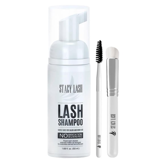 Eyelash Extension Shampoo Stacy Lash + Brush / 50ml / Eyelid Foaming Cleanser/Wash for Extensions and Natural Lashes/Paraben & Sulfate Free Safe Makeup & Mascara Remover/Profession
