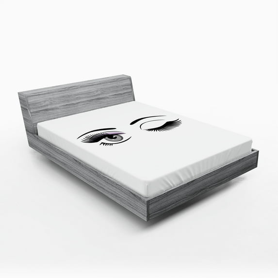 Eyelash Fitted Sheet, Cartoon Style Dramatic Woman Eyes Long Lashes Winking Flirting Gesture, Decorative Soft Bedding All-round Elastic Pocket, King Size, Lilac Grey Black, by Ambesonne