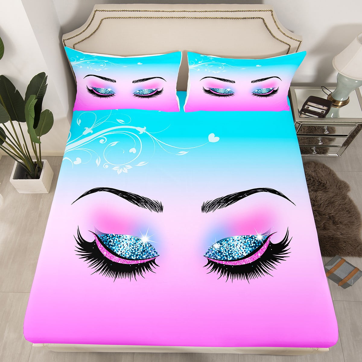 Eyelash Fitted Sheet Queen for Girls Women Glitter Sparkle Eyelashes