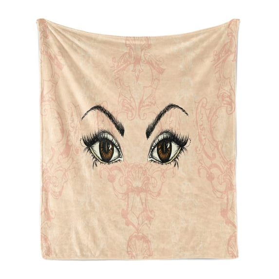 Eyelash Soft Flannel Fleece Blanket, Sketch Style Pair of Woman Eyes Female Look with Victorian Floral Ornaments, Cozy Plush for Indoor and Outdoor Use, 50" x 70", Peach Black Amber, by Ambesonne