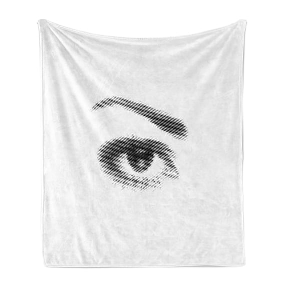 Eyelash Soft Flannel Fleece Throw Blanket, 3D Style Illustration of Eye with Dots on White Background Retro Haltone Effect, Cozy Plush for Indoor and Outdoor Use, 70" x 90", Black White, by Ambesonne