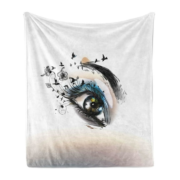 Eyelash Soft Flannel Fleece Throw Blanket, Art Fashion Illustration with Hand Drawn Female Eye Dramatic Fantasy Look, Cozy Plush for Indoor and Outdoor Use, 60" x 80", Brown Black Green, by Ambesonne
