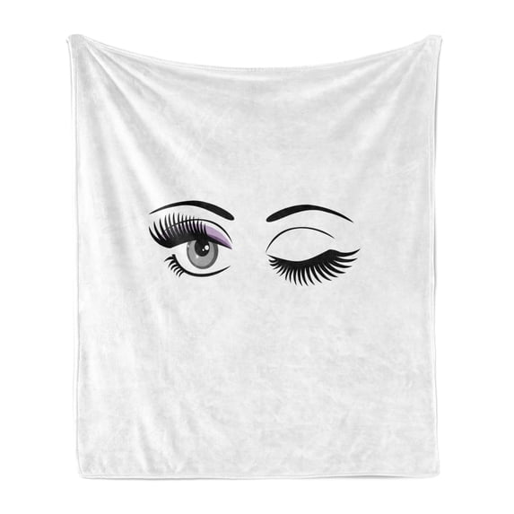 Eyelash Soft Flannel Fleece Throw Blanket, Cartoon Style Dramatic Woman Eyes Long Lashes Winking Flirting Gesture, Cozy Plush for Indoor and Outdoor Use, 70" x 90", Lilac Grey Black, by Ambesonne