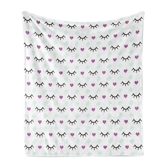 Eyelash Soft Flannel Fleece Throw Blanket, Winking Eyes and Pink Hearts Romantic Pattern Cartoon Childish, Cozy Plush for Indoor and Outdoor Use, 70" x 90", Fuchsia Pale Blue Black, by Ambesonne