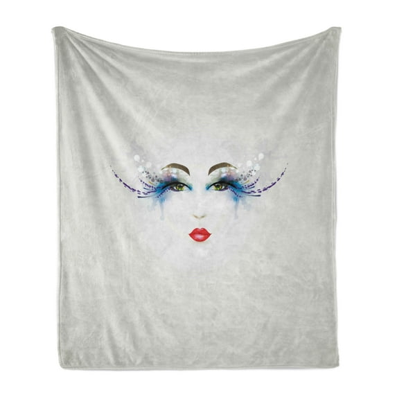Eyelash Soft Flannel Fleece Throw Blanket, Young Woman Face with Makeup Dreamy Eyes and Red Lipstick Glamor Beauty, Cozy Plush for Indoor and Outdoor Use, 60" x 80", Multicolor, by Ambesonne