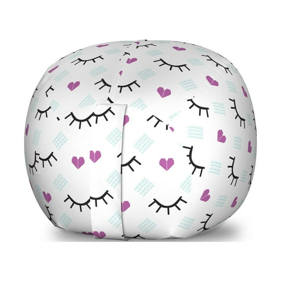 Eyelash Storage Toy Bag Chair, Winking Eyes and Pink Hearts Romantic Pattern Cartoon, Stuffed Animal Organizer Washable Bag, Large Size, Fuchsia Pale Blue Black, by Ambesonne