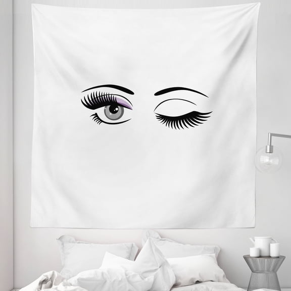 Eyelash Tapestry, Cartoon Style Dramatic Woman Eyes Long Lashes Winking Flirting Gesture, Fabric Wall Hanging Decor for Bedroom Living Room Dorm, 5 Sizes, Lilac Grey Black, by Ambesonne