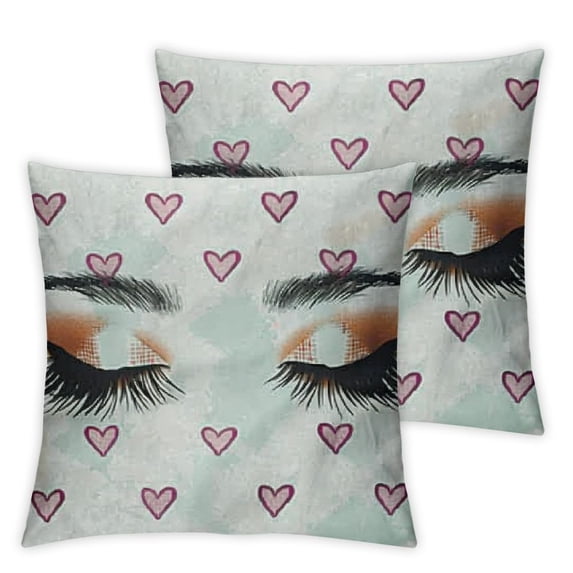 Eyelash Throw Pillow Cover Winking Eyes and Pink Hearts Romantic Pattern Cartoon, Decorative Square Covers for Couch Bed & Sofa, Fuchsia Pale Blue Black