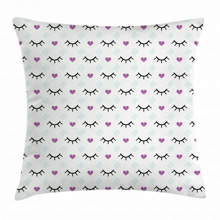 Eyelash Throw Pillow Cushion Cover Winking Eyes and Pink Hearts