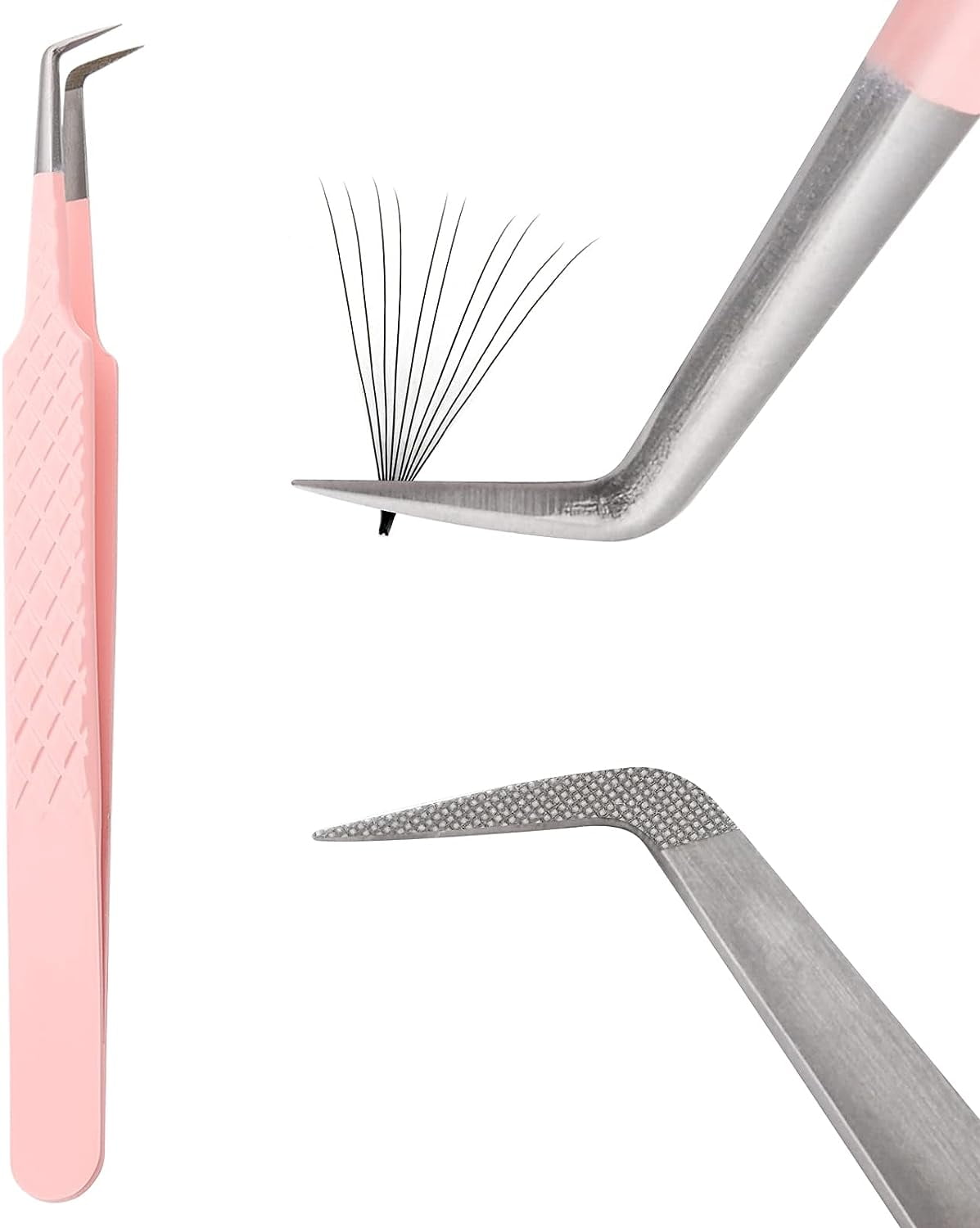 Eyelash Tweezers Fiber Tip Lash Tweezers Stainless Steel Fan Making Tweezers for Lashes Good Grip Fiber Tip Tweezers Volume Lash Extension Tweezers for Professional (90 Degree Tweezers)