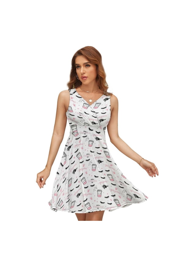 Eyelashes And Mascara, Strokes, Coffee Cup, Closed Eyes Dress Summer Street Style Dresses Female Sleeveless Printed Sundress