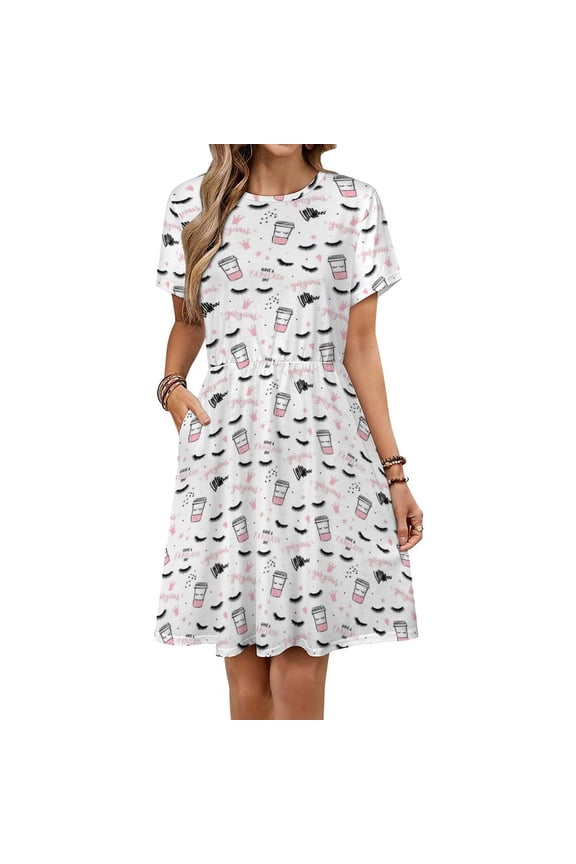 Eyelashes And Mascara, Strokes, Coffee Cup, Closed Eyes Short Sleeve Dress Women Summer Evening Dresses Ladies Sundress