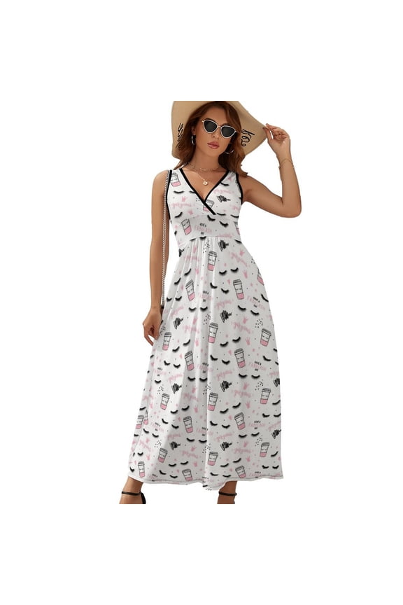 Eyelashes And Mascara, Strokes, Coffee Cup, Closed Eyes Womens Night Club Maxi Dress V Neck Sleeveless Bohemia Long Dresses