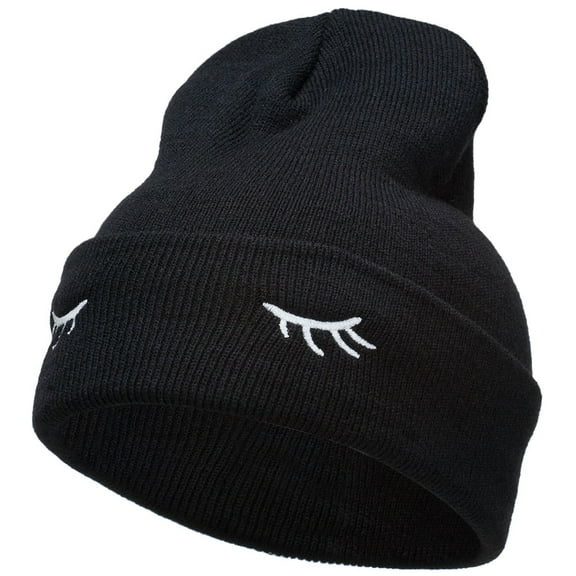 Eyelashes Embroidered 12 Inch Long Beanie - Black OSFM