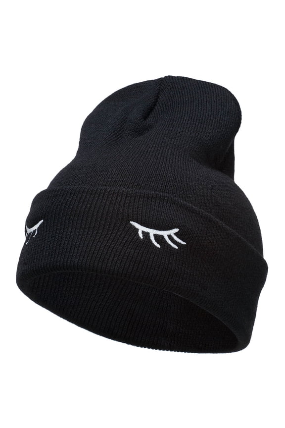 Eyelashes Embroidered 12 Inch Long Beanie - Black OSFM