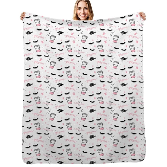 Eyelashes and mascara, strokes, coffee cup, closed eyes Flannel Blankets Soft Throw Blanket Winter Travel Office Outdoor Bedspread