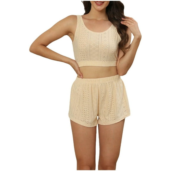 Eyelet 2 Piece Outfits Women Summer Casual Crew Neck Sleeveless Crop Tops and Elastic Waist Pull on Shorts Two Piece Outfit Sets