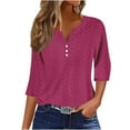thumbnail image 1 of Eyelet 3/4 Length Sleeve Womens T-Shirts for Womens Pullover Sweater Blouses Henley Neck Tees Shirts Solid Color Lounge Breathable Blouses Beach Vacation Outfits, 1 of 4