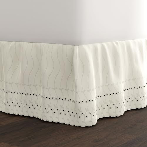 Eyelet Bed Skirt, Ruffled Design, 14 Inch Drop, Embroidered Scalloped Edge, Queen, Ivory