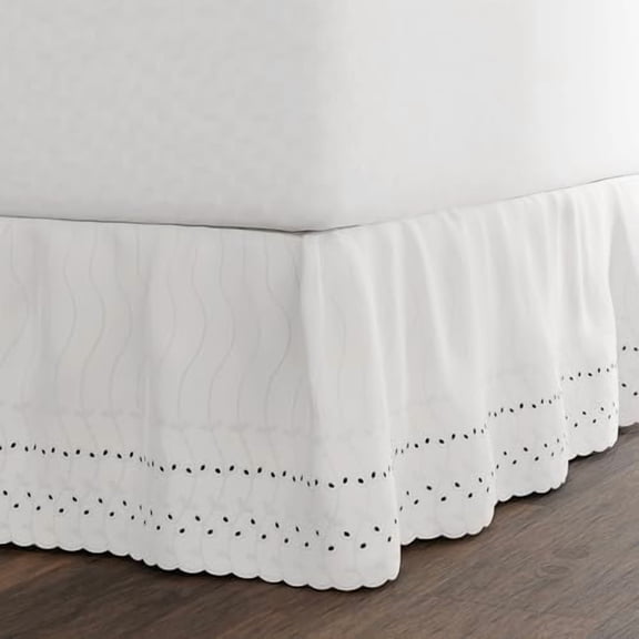 Eyelet Bed Skirt, Ruffled Design, 14 Inch Drop, Embroidered Scalloped Edge, Queen, White