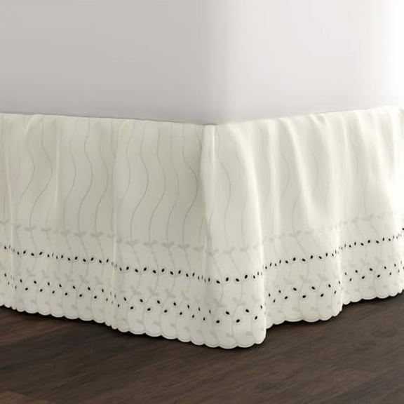 Eyelet Bed Skirt, Ruffled Design, 14 Inch Drop, Embroidered Scalloped Edge, Twin, Ivory