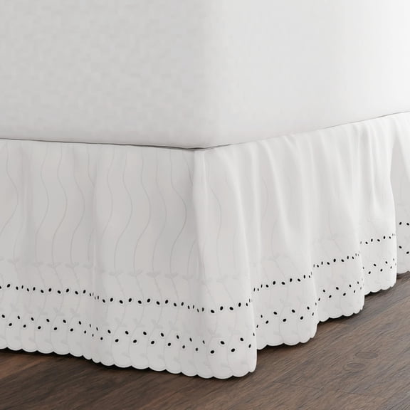 Eyelet Bed Skirt Ruffled Design Embroidered Scalloped Edge 14 Inch Drop Decorative Dust Ruffle For Bedroom Bedding