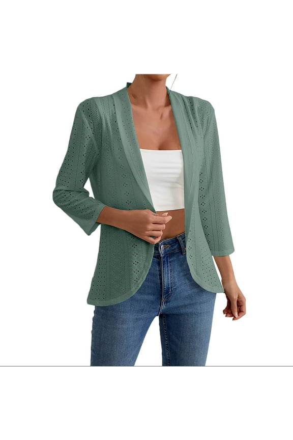 Eyelet Cardigan for Womens Open-Front Hollow Out Cardigans Elegant Bussiness Kimono Cover Ups Office Work Tops