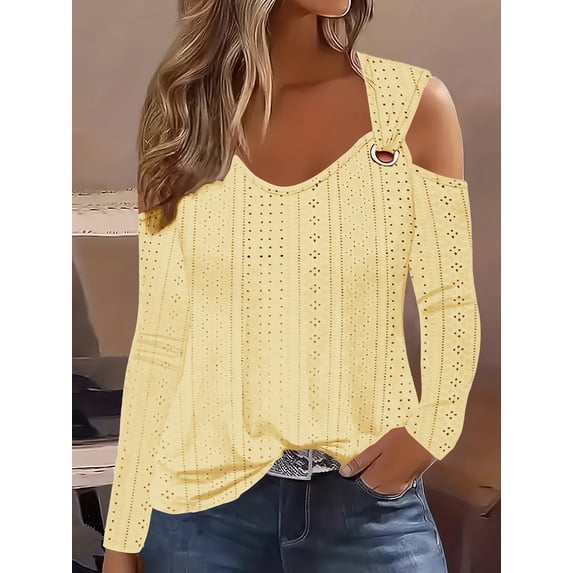 Eyelet Cold Shoulder T-Shirt, Casual Long Sleeve Top For Spring & Fall, Women's Clothing