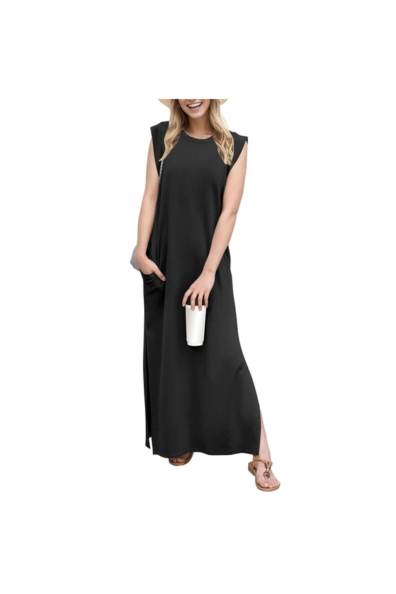Eyelet Dress For Women, Tank Casual Split Cotton Long Maxi Beach Dress With Pockets Western Black Dress Boots Women Puff Sleeve Dress Bride Party 2025 Summer Dresses (S, Black) ZMTing