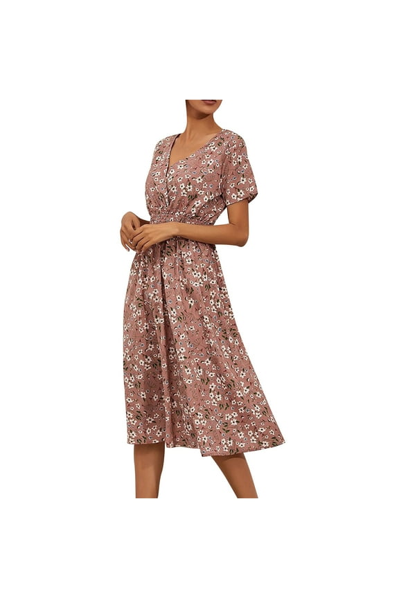 Eyelet Dress For Women, Wedding Guest Floral Dresses V Neck Short Sleeved Flowy Tunic Long Dress Pirate Women New Years Eve Dresses Gowns And Evening Dresses Maxi (M, Pink) ZMTing