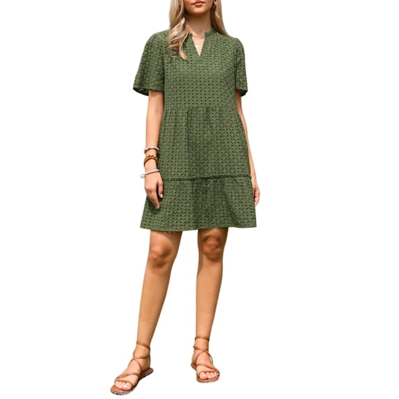 Eyelet Dress for Women 2026 Summer Short Sleeve V Neck Hollow Out Ruffle Vacation Mini Dresses M Army Green