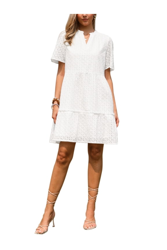 Eyelet Dress Easter for Women 2026 Summer Short Sleeve V Neck Hollow Out Ruffle Vacation Mini Dresses XL White