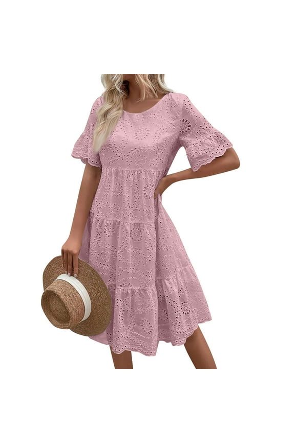 Eyelet Dresses For Women 2025, Easter Dress Embroidery Lace V Neck Bell Short Sleeve Boho Beach Wedding Guest Midi Dresses Womens Off The Shoulder Sweater Dress Maxi (XL, Pink) ZMTing