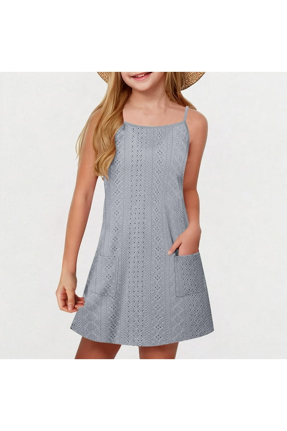 Eyelet Dresses for Girls with Pockets Size 5-15 Lightweight Spaghetti Strap Sundresses Teens Kids Casual Solid Breathable Hollow-Out Dress