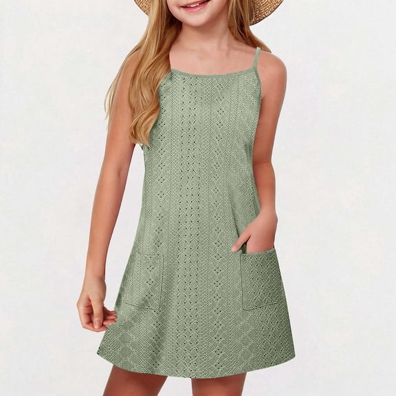 Eyelet Dresses for Girls with Pockets Size 5-15 Lightweight Spaghetti Strap Sundresses Teens Kids Casual Solid Breathable Hollow-Out Dress