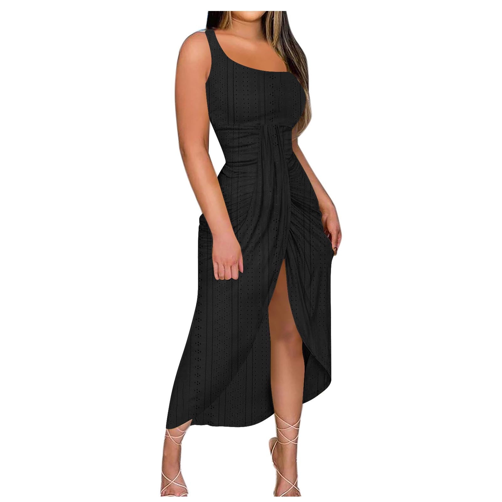 Eyelet Dresses for Women Sleeveless One Shoulder Twist Front Split Midi Dress Fashion Summer Bodycon Dress (L, Green)