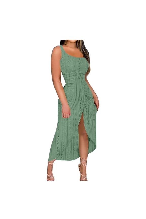 Eyelet Dresses for Women 2025 One Shoulder Twist Front Split Midi Dress Fashion Summer Bodycon Sexy Dress (M, Green)