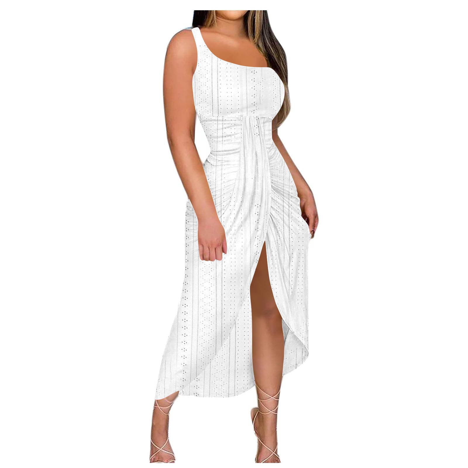 Eyelet Dresses for Women Sleeveless One Shoulder Twist Front Split Midi Dress Fashion Summer Bodycon Dress (L, Green) Eyelet Dresses for Women Sleeveless One Shoulder Twist Front Split Midi Dress Fashion Summer Bodycon Dress (L, Green)