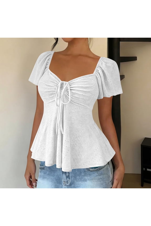 Eyelet Embroidery Blouse for Women Short Puff Sleeve Sweetheart Neck Tie Front Cinched Waist Peplum Style Slim Fit Elegant Summer Party Top